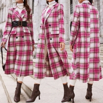 Vintage Contrast Color Notch Lapel Long Sleeve Checkered Jacket with Belt