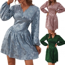 Fashion Floral Jacquard V-neck Long Sleeve Cinch Waist Mini Dress