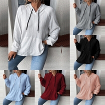 Casual Solid Color Long Sleeve Kangaroo Drawstring Hooded Sweatshirt