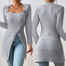 Gatufashion: Knäppt fyrkantig hals långärmad stickad skjorta med slits