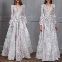 Sexy Floral Embroidery V-neck Long Sleeve Party Dress with Lined Slip Dress