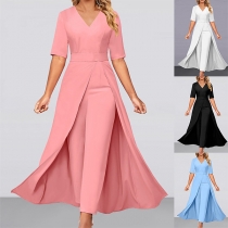 Street Fashion Kortärmad V-ringad högväxt jumpsuit med crepe overlay kjol