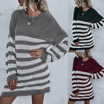 Fashion Contrast Color Stripe Printed Round Neck Long Sleeve Knitted Sweater Dress