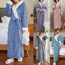 Casual Warm Comfy Contrast Color Hoodied Self-tie Loungewear Robe