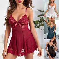 Sexy Lace Spliced Bowknot V-neck Slip Nightwear Dress