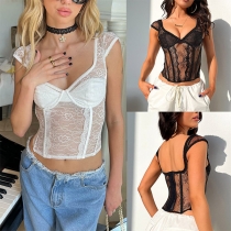 Sexy Semi-through Lace Spliced V-neck Sleeveless Crop Shirt