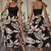 Fashion Floral Printed Lace Spliced Slit Slip Dress