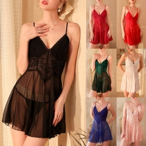 Sexy Semi-through Gauze Spliced Lace V-neck Slip Nightwear Dress