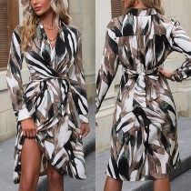 Fashion Printed V-neck Long Sleeve Self-tie Slit Dress