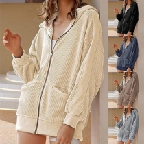 Casual Solid Color Long Sleeve Patch Pockets Zipper Hooded Cardigan