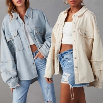 Street Fashion Old-washed Frayed Stand Collar Long Sleeve Patch Pockets Rivet Loose Denim Jacket
