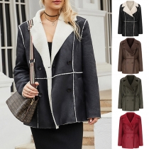Street Fashion Contrast Color Notch Lapel Long Sleeve Plush Lined Suede Jacket
