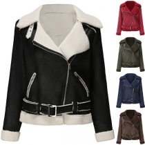 Street Fashion Notch Lapel Long Sleeve Plush Lined Crop Jacket with Belt
