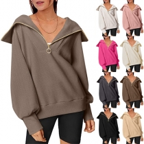 Street Fashion Solid Color Zipper Lapel V-neck Long Sleeve Pullover Shirt
