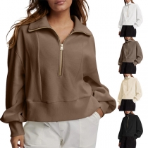 Fashion Solid Color Half-zipper Stand Collar Long Sleeve Pullover Sweatshirt
