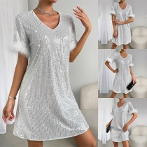 Fashion Bling-bling Sequin Spliced Plush V-neck Short Sleeve Mini Party Dress