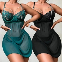 Sexy Pearl Lace Spliced Semi-through Gauze Slip Nightwear Dress