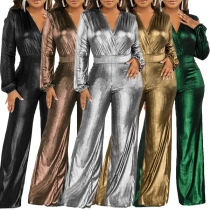 Festklar Jumpsuit i Enfärgad Bling-V, Långärmad och Vida Ben