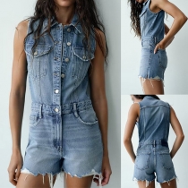 Street Fashion Old-washed Stand Collar Sleeveless Buttoned Frayed Hemline Denim Romper