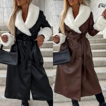 Street Fashion - Långärmad dubbelknäppt självknytande konstläder PU Longline jacka med plyschfoder
