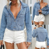 Street Fashion Old-washed Long Sleeve Buttoned Crop Denim Jacket