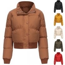 Fashion Warm Solid Color Stand Collar Long Sleeve Quilted Cotton Crop Jacket