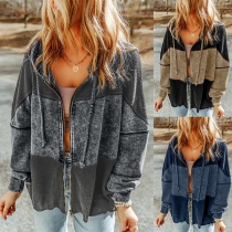 Fashion Contrast Color Spliced Long Sleeve Zipper Hooded Jacket