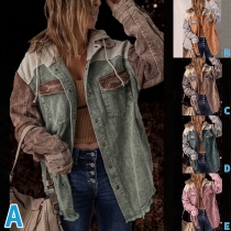 Street Fashion Contrast Color Long Sleeve Drawstring Hooded Jacket