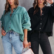 Casual Frayed Rivet Buttoned Long Sleeve Shirt