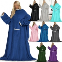 Fashion Contrast Color Long Sleeve Front-pocket High-low Hemline Faux Lamb Wool TV Blanket