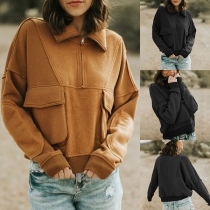 Casual Solid Color Half Zipper Lapel Long Sleeve Pullover Sweatshirt