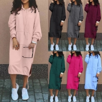 Casual Solid Color Drawstring Hooded Long Sleeve Kangaroo Pockets Side Slit Sweatshirt Dress