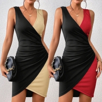 Sexy Contrast Color V-neck Irregular Hemline Bodycon Dress