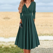 Vintage Ruched V-neck Long Sleeve Midi Dress