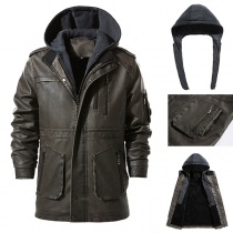 Vintage Long Sleeve Zipper Pockets Artificial Leather PU Spliced Detachable Hooded Mock-Two-piece Coat for Men