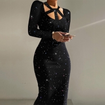 Sexy Bling-bling Cross-criss Cutout Long Sleeve Bodycon Party Dress