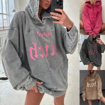 Casual Letter Printed Long Sleeve Ripped Hooded Loose Sweatshirt