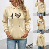 Casual Leopard Heart Printed Long Sleeve Drawstring Sweatshirt