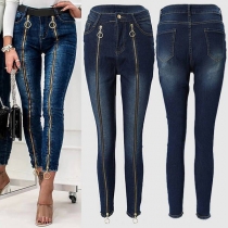 Street Fashion Jeans med Dragkedja Framtill och Gammaltvättade Jeans