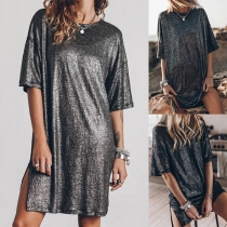 Casual Bling-bling Round Neck Short Sleeve Slit Shirt