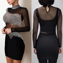Elegant Rhinestone Mock Neck Semi-through Party Bodycon Dress