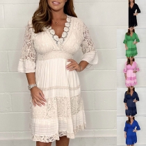 Fashion Lace Spliced V-neck Elbow Sleeve Mini Dress