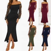 Sexy Off-the-shoulder Semi-through Gauze Spliced Long Sleeve Slit Bodycon Party Dress