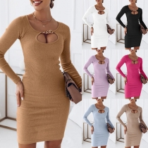 Fashion Solid Color Front Cutout Chain Round Neck Long Sleeve Bodycon Ribbed Dress