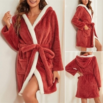 Comfortable Contrast Color Long Sleeve Self-tie Hooded Loungewear Robe