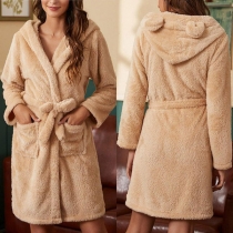 Fashion Solid Color Long Sleeve Self-tie Hooded Plushed Pajamas Robe