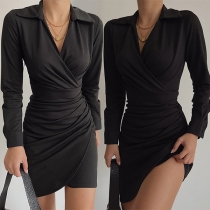 Sexig V-ringad långärmad svart Bodycon-klänning med oregelbunden kantlinje och stativkrage