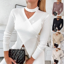 Sexy Front Cutout Round Neck Long Sleeve Cross-criss Ribbed Shirt