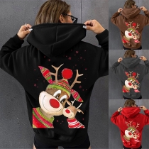 Cute Cartoon Elk Printed Long Sleeve Hooded Sweatshirt for Christmas