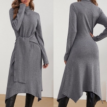 Street Fashion Solid Color Mock Neck Long Sleeve Self-tie Irergular Hemline Dress